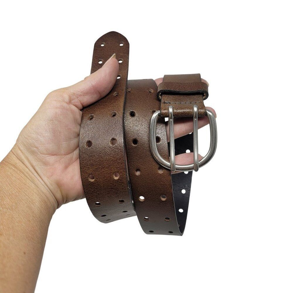 Mens Double Prong Genuine Italian Leather Brown Belt M/L 36"‎ USA Made Silver